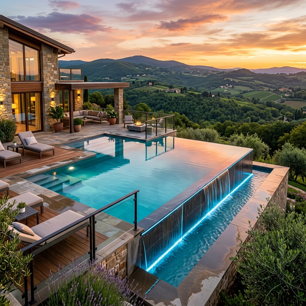 Piscina com borda infinita ao pôr do sol