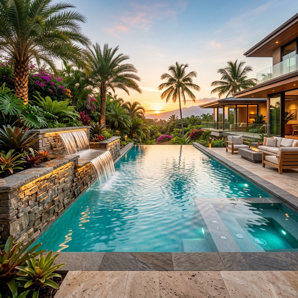Cascata de pedra natural em piscina residencial