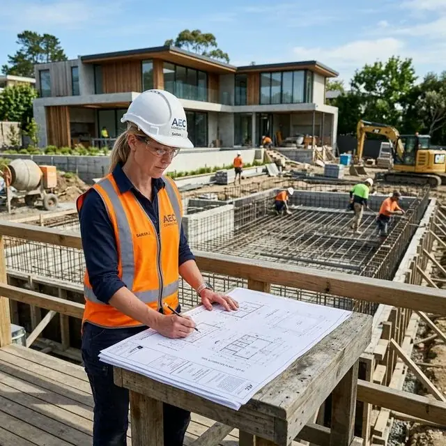 Engenheiro revisando projeto de piscina