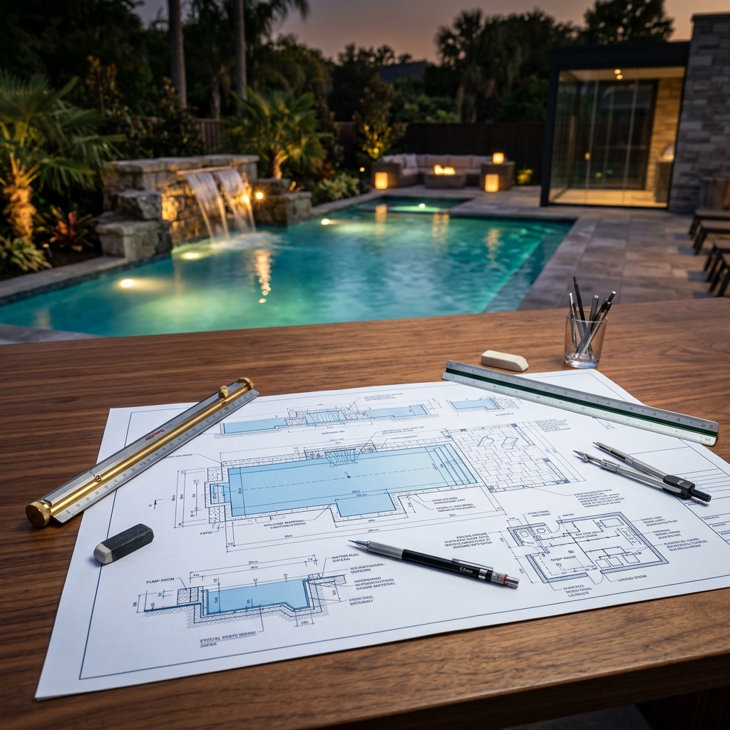 Plantas de engenharia integrando o projeto de piscina