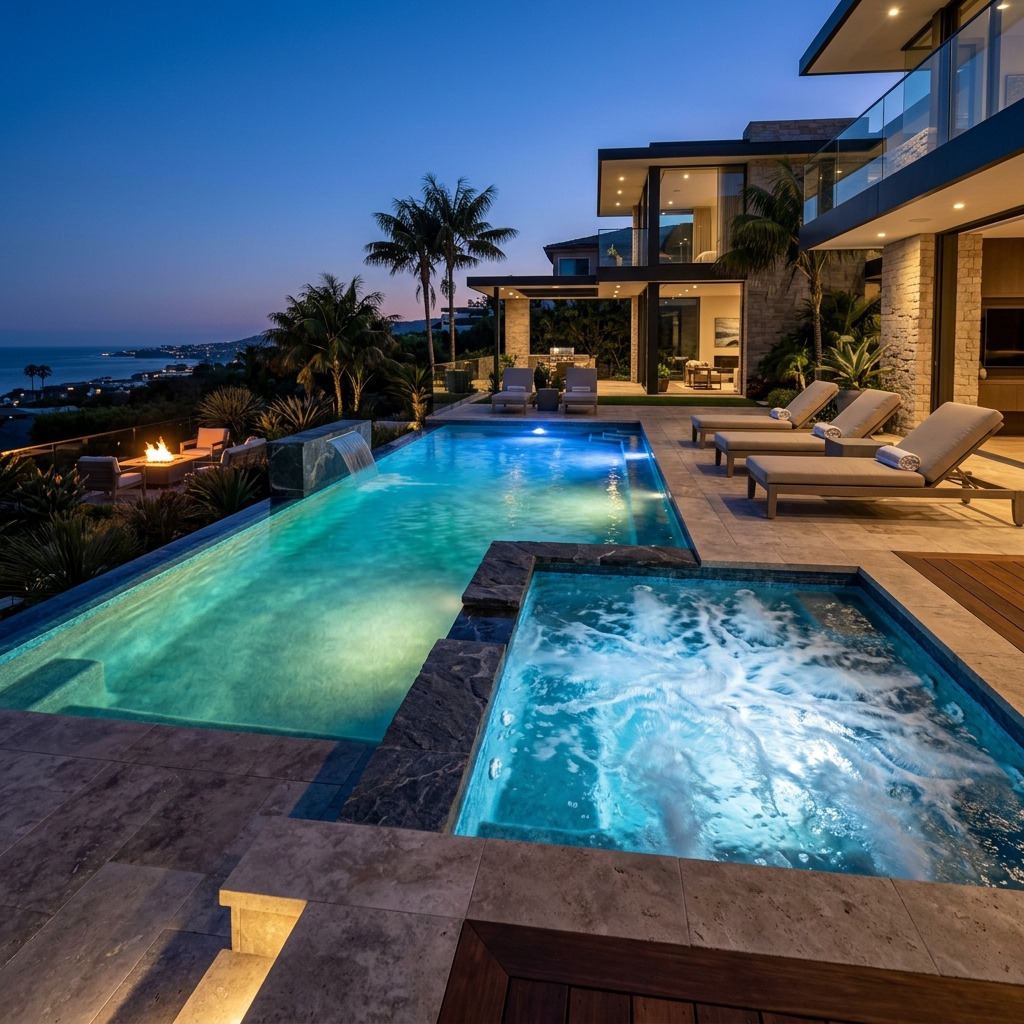 Piscina com hidromassagem integrada e jatos de água