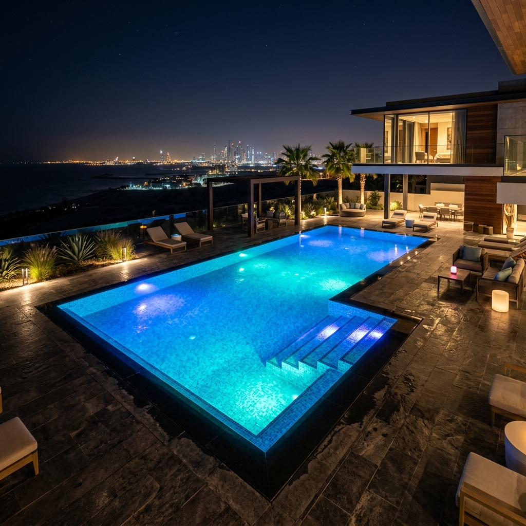 Piscina iluminada à noite com LED subaquático azul