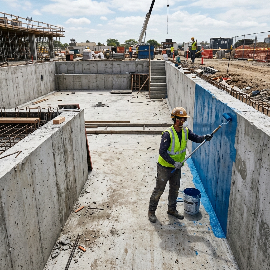 Aplicação de impermeabilização em piscina de concreto