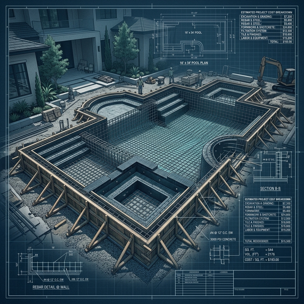 Construção de piscina de alvenaria com armação estrutural e projeto de engenharia