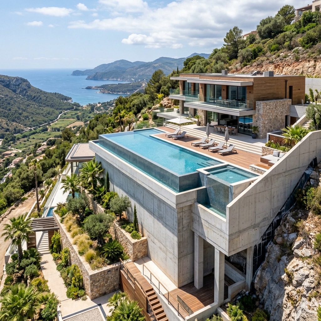 Piscina em terreno inclinado com vista panorâmica