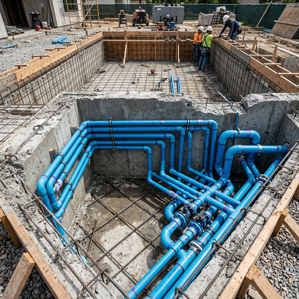 Tubulação PVC instalada em piscina em construção