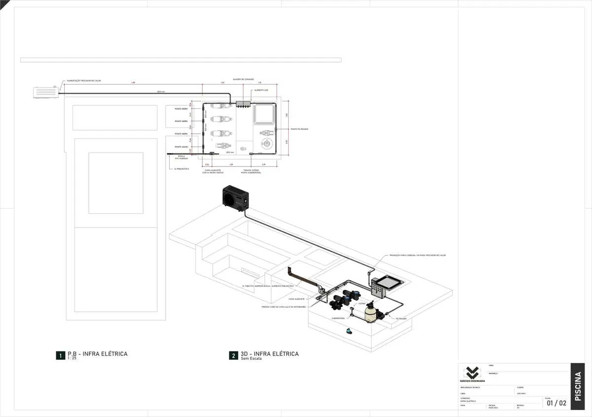 Projeto elétrico de piscina - planta baixa e vista 3D